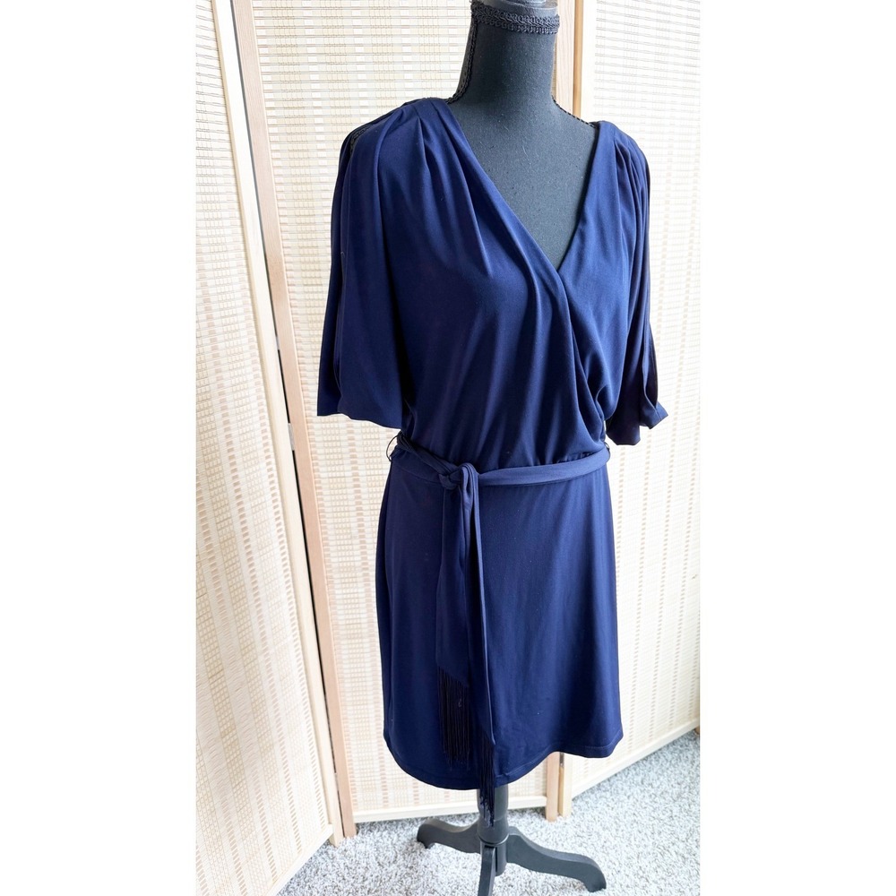 Jessica Simpson Navy Blue Faux Wrap Mini Dress Cold Shoulder Tassel Belt Size M